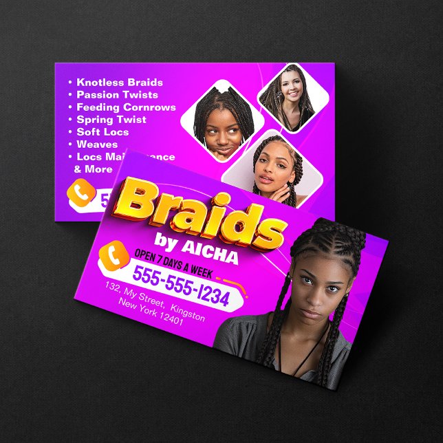 Vibrant Pink & Yellow African Hair Braiding Photo Business Card (Creator Uploaded)