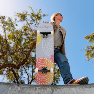 Vibrant Pink Yellow Random Mandala on Blue Name  Skateboard