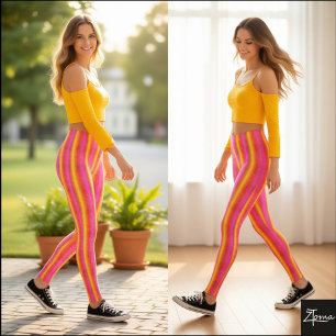 Vibrant Pink Yellow Stripes Textile Pattern Leggings