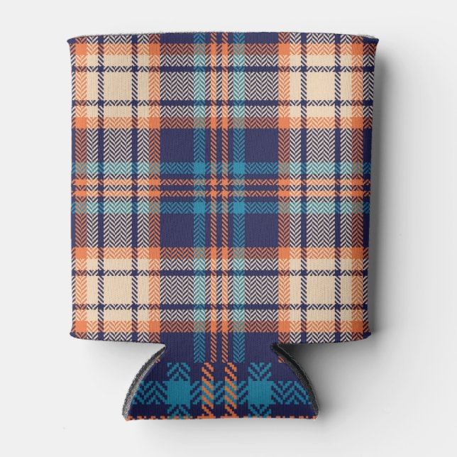 Vibrant Plaid: Autumn Textile Design Can Cooler (Front)