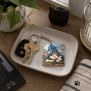 Vibrant Playful Calico Red Dragon Fantasy Key Ring