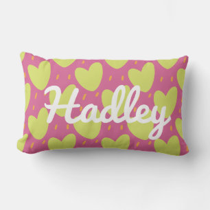 Vibrant Playful Hearts, Pink and Green Name Lumbar Cushion
