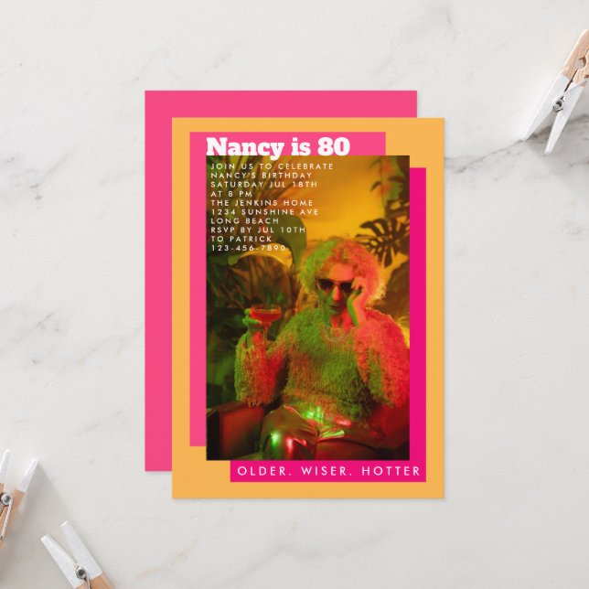 Vibrant Playful Pink &Yellow Photo Senior Birthday Invitation (Front/Back In Situ)