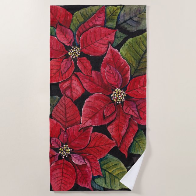 Vibrant Poinsettia In Watercolor  Beach Towel (Front)