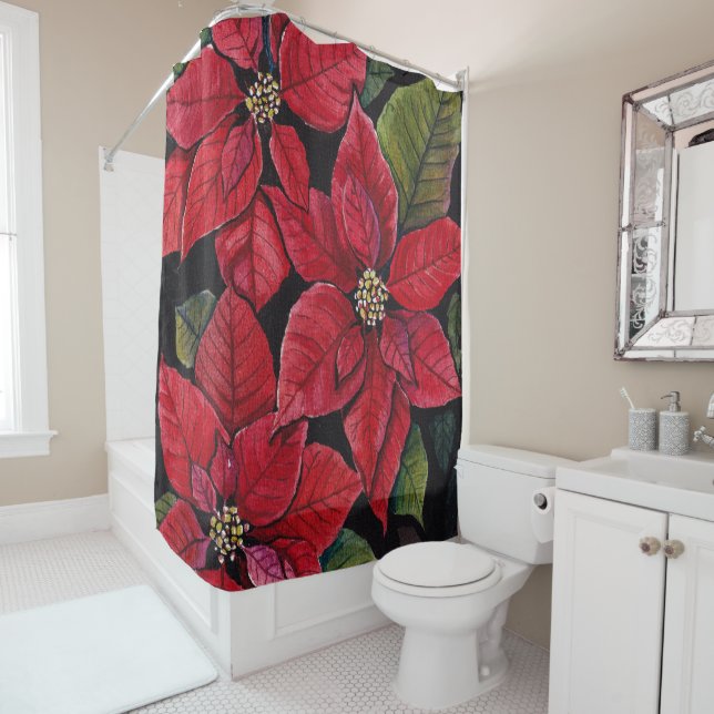 Vibrant Poinsettia In Watercolor  Shower Curtain (In Situ)