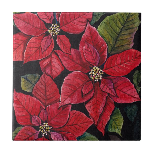Vibrant Poinsettia In Watercolor Tile (Front)