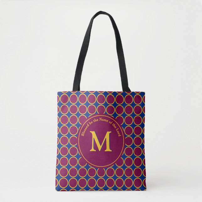 Vibrant POLKA DOT Maroon Blue Customised Monogram Tote Bag (Front)