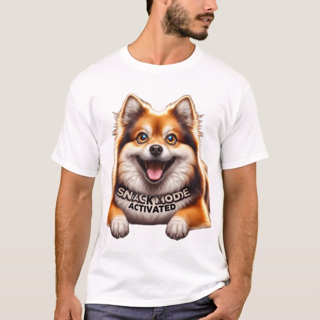 ​Vibrant Pomeranian Dog Snacking Meme Funny T-Shirt (Front)
