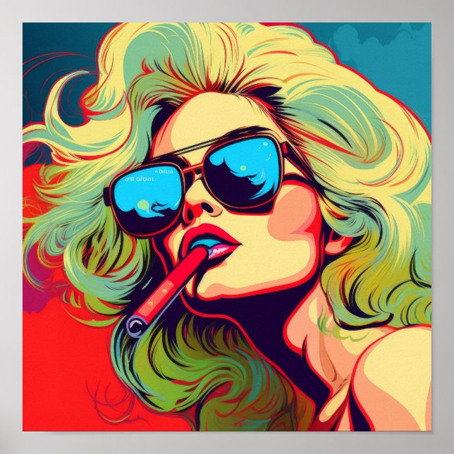 Vibrant Pop Art Blonde Woman Smoking Cartoon Poste Poster (Front)