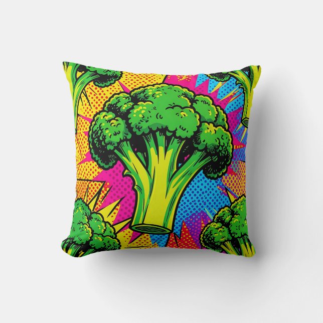 Vibrant Pop Art Broccoli Pattern Cushion (Front)