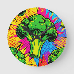 Vibrant Pop Art Broccoli Pattern Round Clock