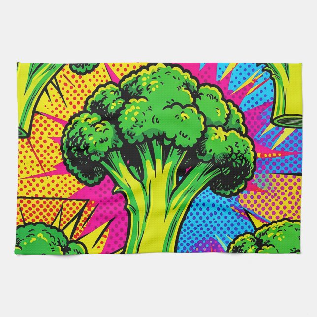 Vibrant Pop Art Broccoli Pattern Tea Towel (Horizontal)