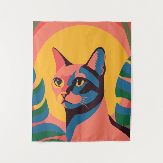 Vibrant Pop Art Cat Portrait Tapestry (Front)