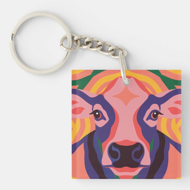 Vibrant Pop Art Cow Face Portrait Key Ring (Front)