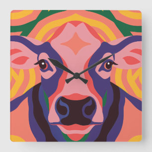 Vibrant Pop Art Cow Face Portrait Square Wall Clock