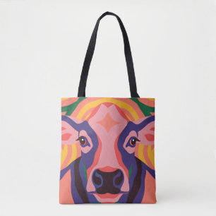 Vibrant Pop Art Cow Face Portrait Tote Bag