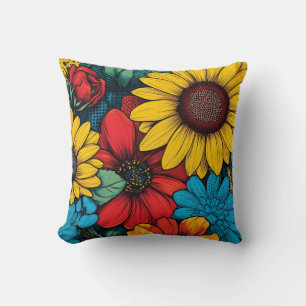 Vibrant Pop Art Floral Design wuth Sunflowers Cushion