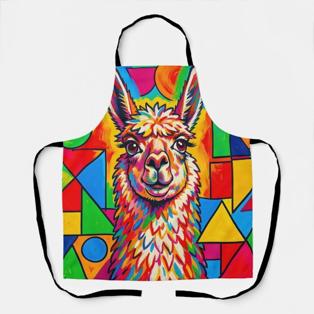 Vibrant Pop Art Llama Portrait Apron (Front)