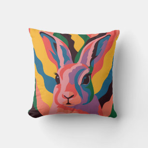 Vibrant Pop Art Rabbit Portrait Illustration Cushion