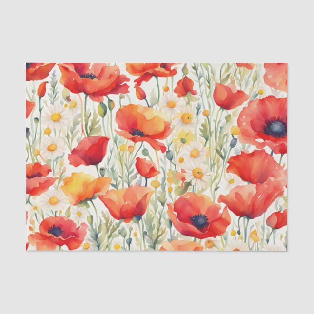 Vibrant Poppies and Daisies Watercolor Pattern  Tissue Paper (Front)