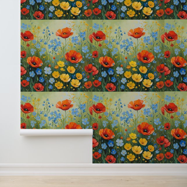 Vibrant Poppy & Forget-Me-Not Floral Self adhesive Wallpaper (Application)