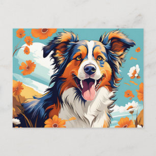 Vibrant Portrait Australian Shepherd And Flowers Postcard