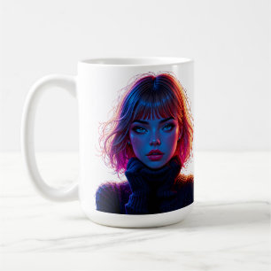 Vibrant Portrait of a Young Woman with Glowing Ski Coffee Mug