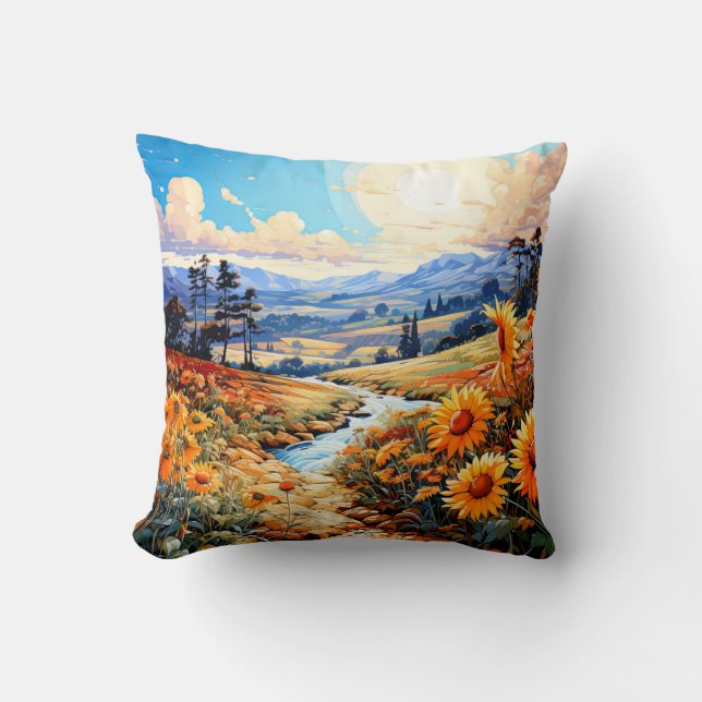 Vibrant Prairie Landscape Illustration Cushion (Front)