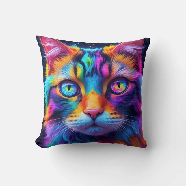 "Vibrant Psychedelic Cat Portrait – Whimsical Rain Cushion (Front)