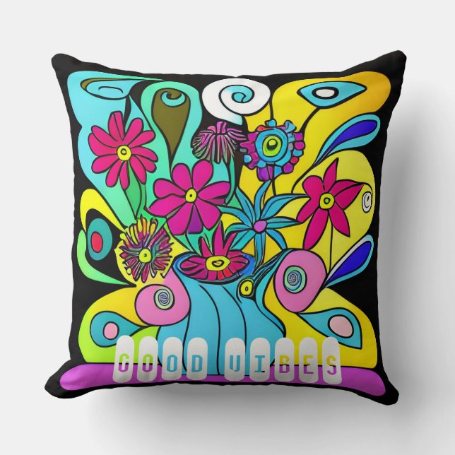 Vibrant Psychedelic Flowers in a Vase Cushion (Front)