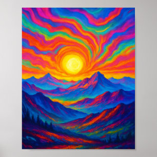 Vibrant Psychedelic Mountain Sunset  Poster