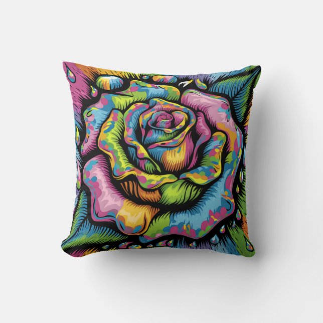 Vibrant Psychedelic Rose - Burst of Colour Cushion (Front)