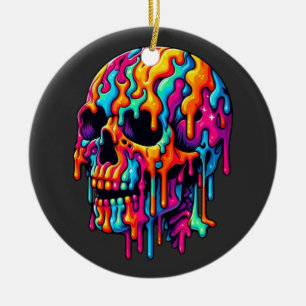 Vibrant Psychedelic Skull Ceramic Tree Decoration