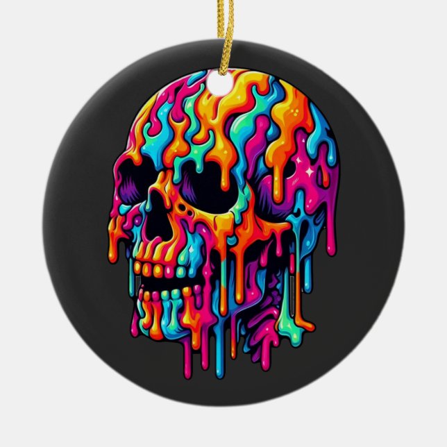 Vibrant Psychedelic Skull Ceramic Tree Decoration (Front)