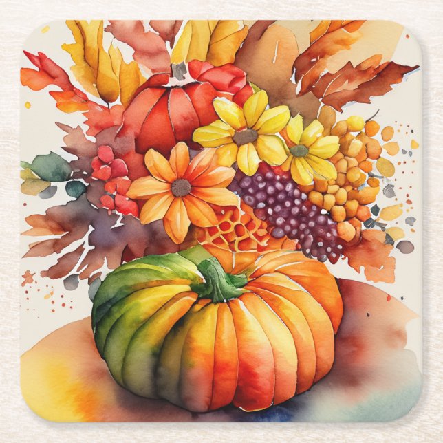 Vibrant Pumpkin Bouquet Gold Autumn Harvest Square Paper Coaster (Front)