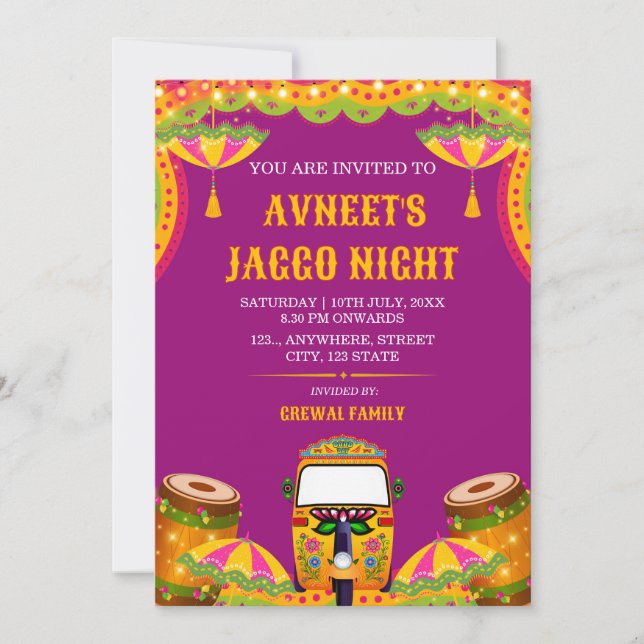 Vibrant Punjabi Jaggo Night Celebration Invitation (Front)