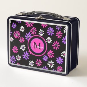 Vibrant Purple and Pink Flowers Monogram Metal Lunch Box