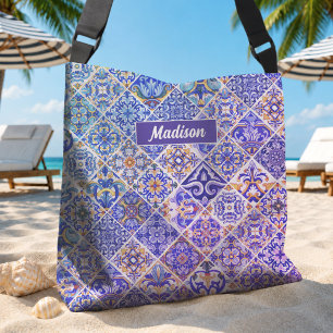 Vibrant Purple Blue Mediterranean Sicilian Tiles Crossbody Bag