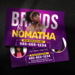 Vibrant Purple Braids & Wigs Hair Braiding Salon<br><div class="desc">Promote your braiding expertise with this stylish and customisable flyer template! Showcase your services, from box braids and knotless braids to wig making and styling, on the front. The back features a bold design perfect for highlighting your brand. Easily edit the text, photos, and fonts to match your unique style....</div>