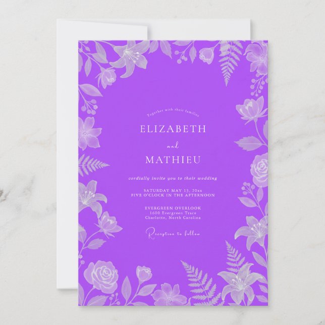 Vibrant Purple Fern Wedding Invitation (Front)