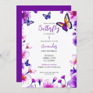 Vibrant Purple Floral Butterflies 1st Birthday Invitation