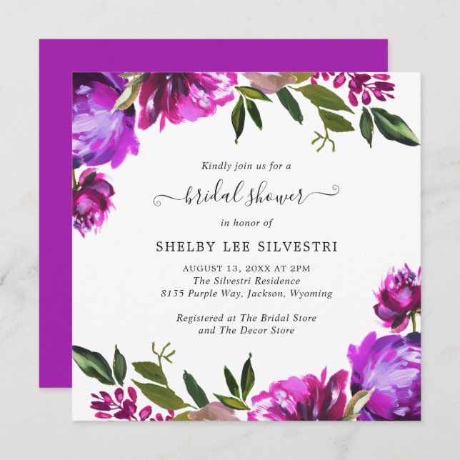 Vibrant Purple Floral Elegant Bridal Shower Invitation (Front/Back)