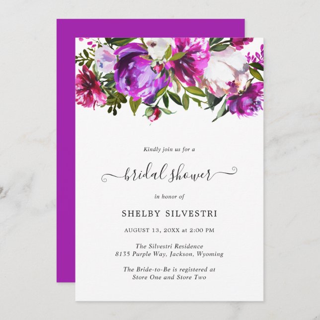 Vibrant Purple Floral Elegant Bridal Shower Invitation (Front/Back)