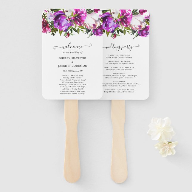 Vibrant Purple Floral Elegant Wedding Program Hand Fan (Front and Back)