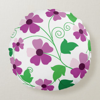 Vibrant Purple Flower  on Botanical Pattern Round Cushion