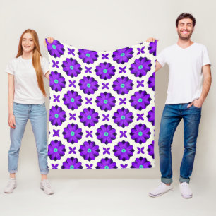 Vibrant Purple Flowers and Leaf Motifs Fleece Blanket