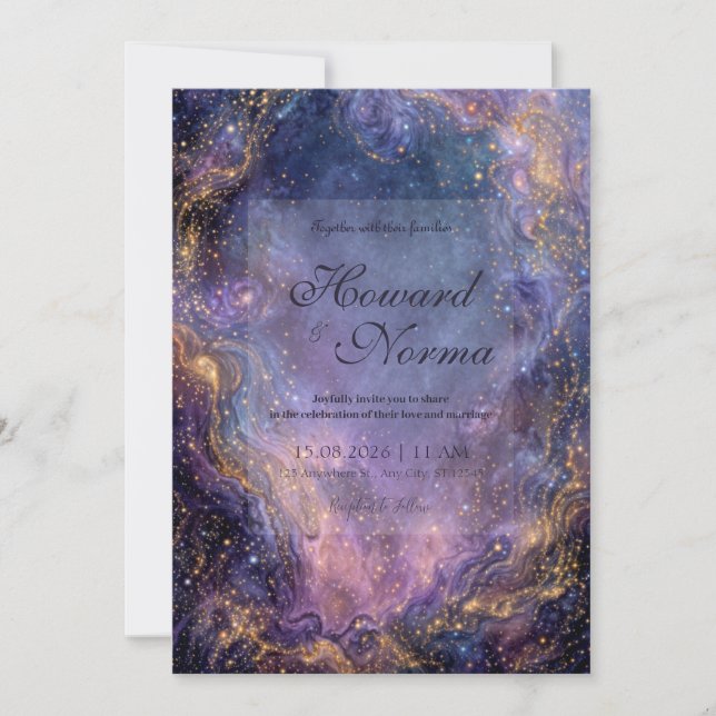 Vibrant Purple Gold Celestial Nebula Wedding Invitation (Front)