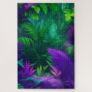 Vibrant Purple Green Tropical Jungle Foliage Jigsaw Puzzle