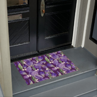 Vibrant Purple Iris Flowers and Butterflies   Doormat