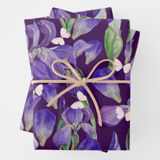 Vibrant Purple Iris Flowers and Butterflies Wrapping Paper Sheet